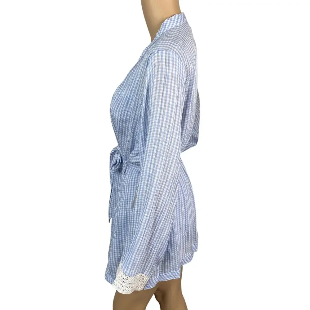 NWT Japna Blue White Gingham Robe & Cami Set M | Crochet Lace Trim Lounge Set